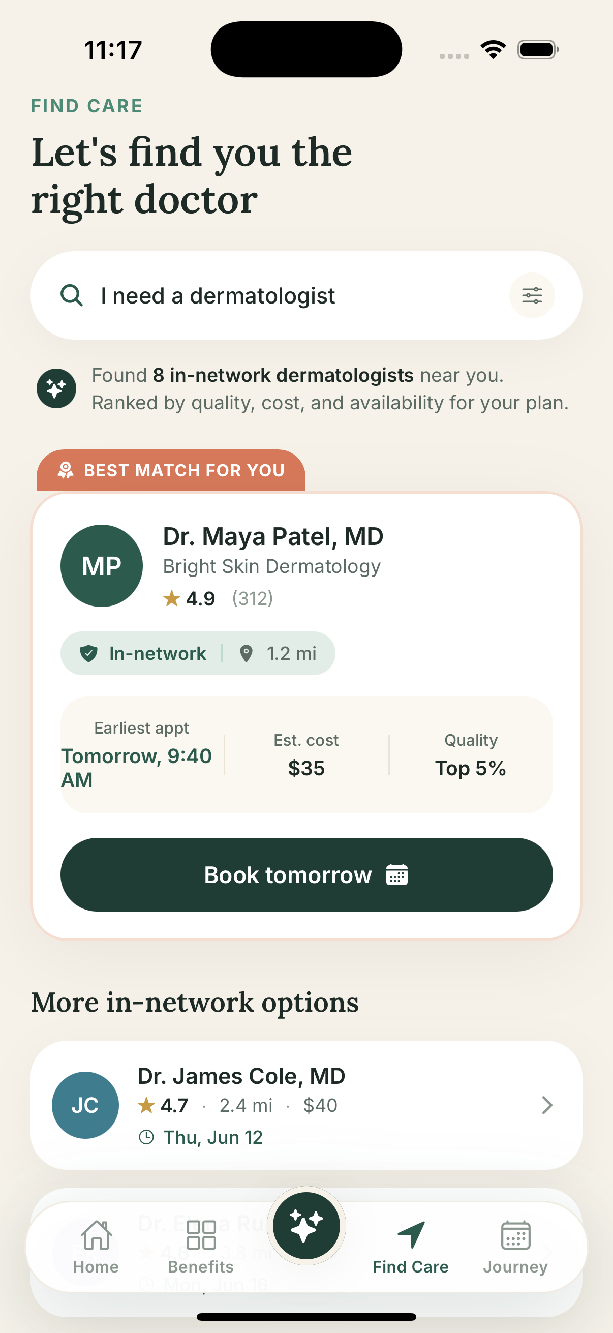 In-network providers ranked by plan fit, cost, availability, distance, and quality